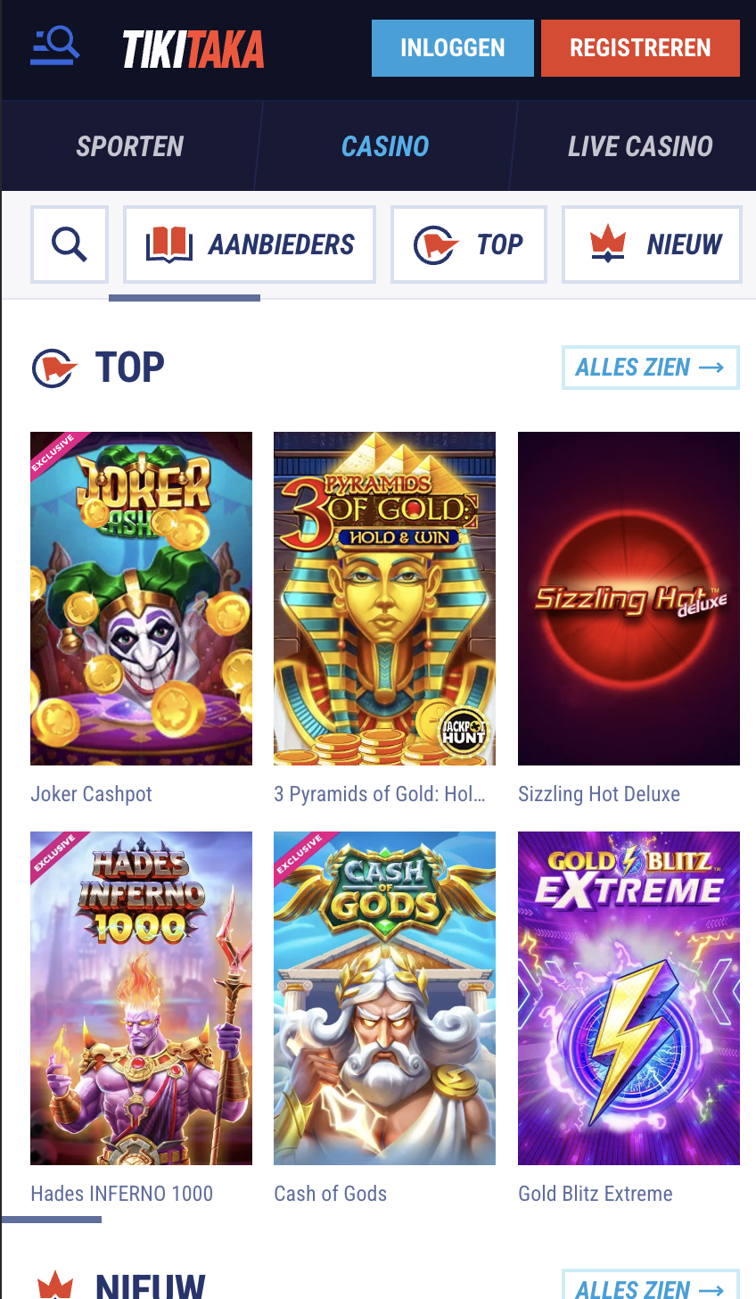 Tiki Taka Casino mobiele versie screenshot