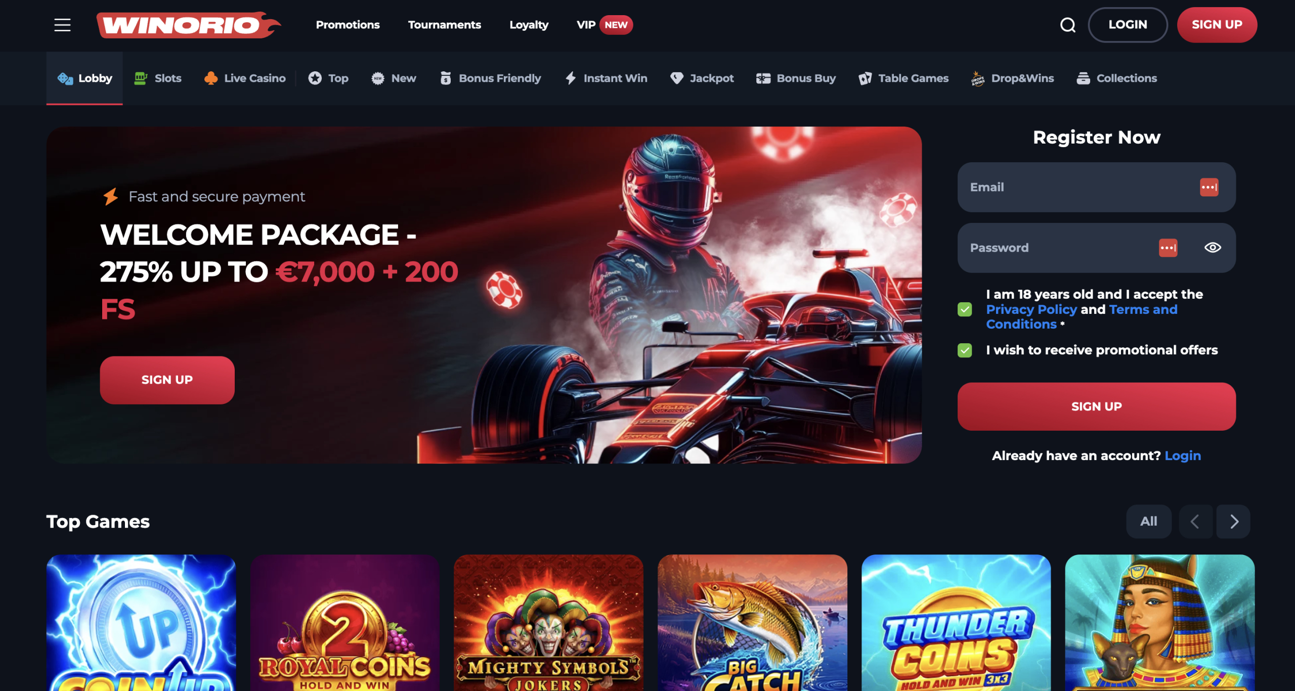 Winorio Casino lobby screenshot