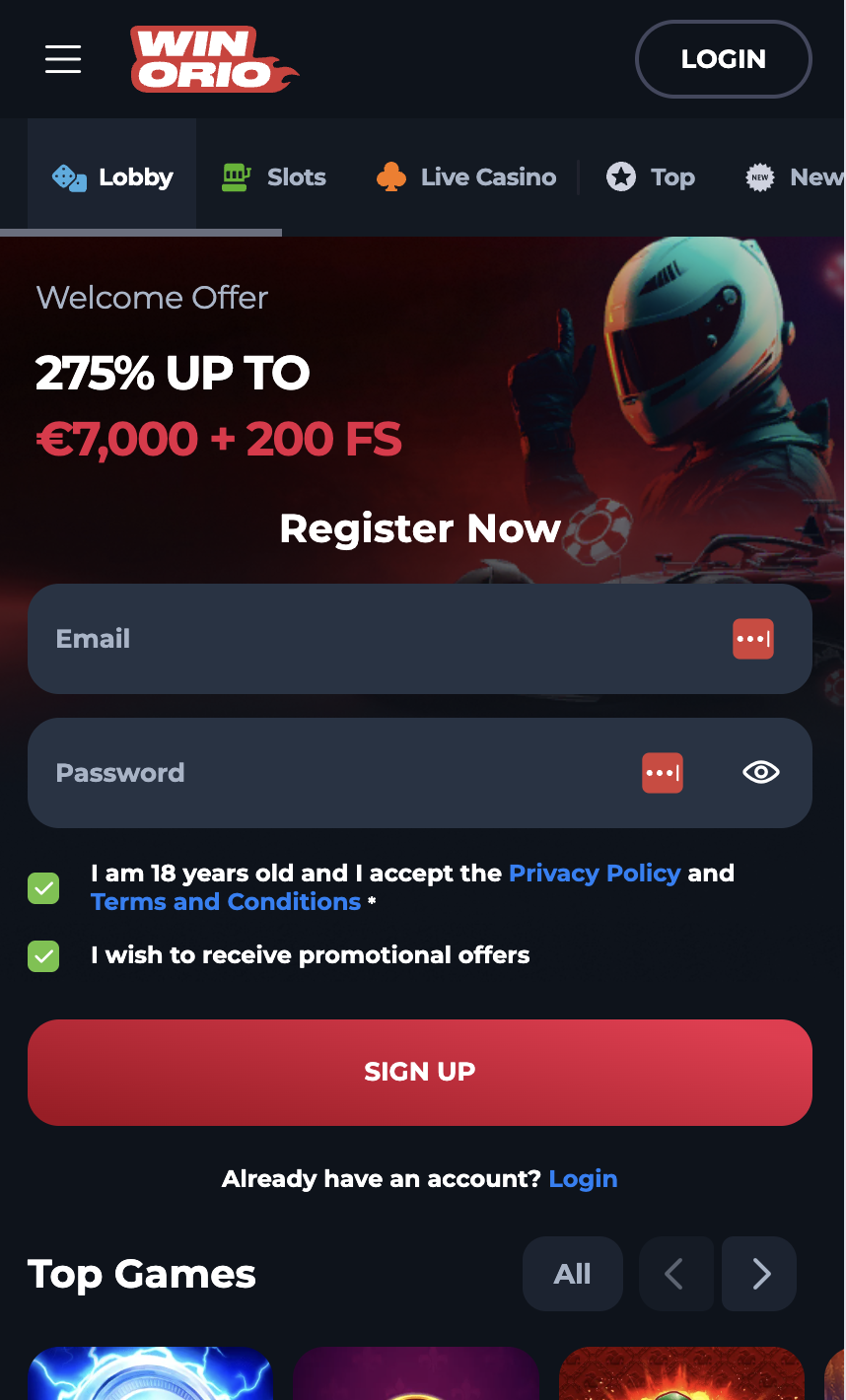 Winorio Casino mobiele app screenshot