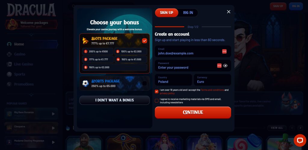 dracula casino bonussen