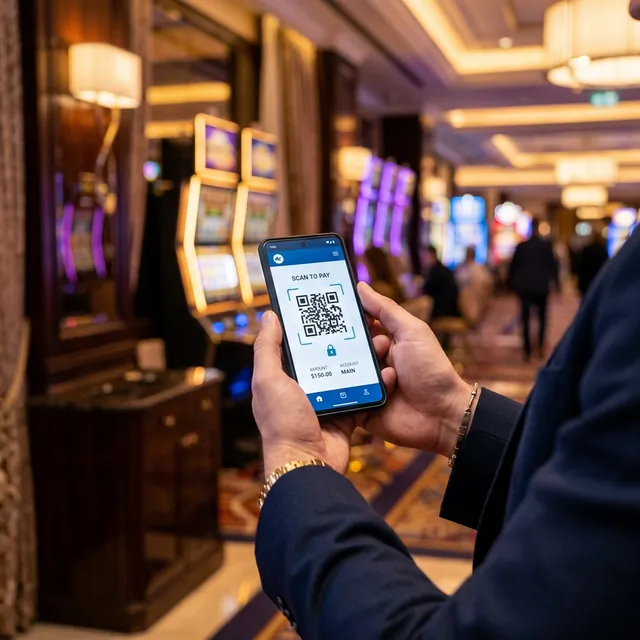 Speler die een storting doet via de mobiele Payconiq app in een fysiek casinoomgeving