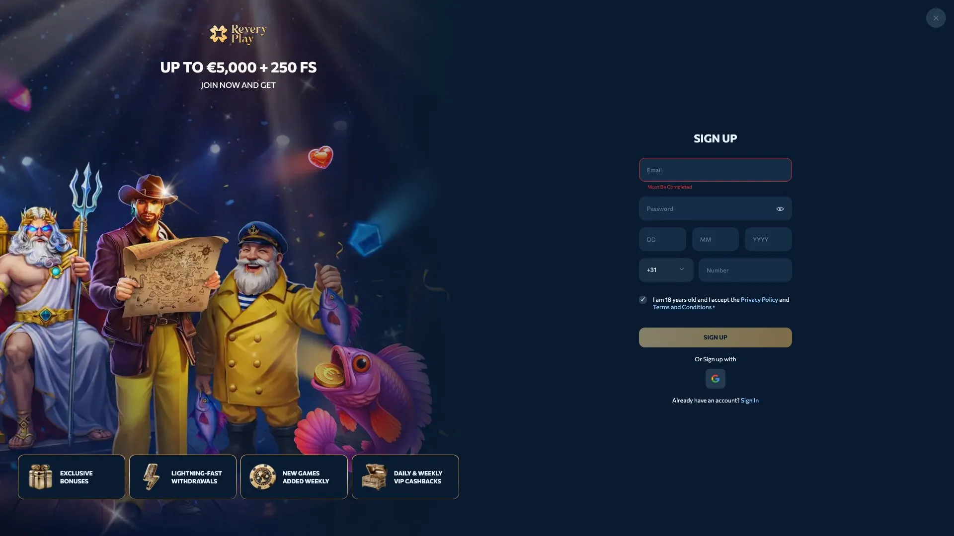 Website van Revery Play Casino met de welkomstbonus van 5000 EUR en 250 Gratis Spins
